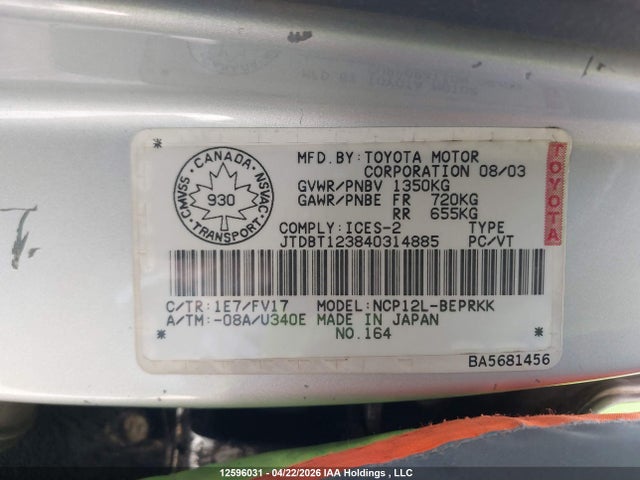 2004 Toyota Echo მანქანა იყიდება აუქციონზე, vin: JTDBT123840314885, აუქციონის ნომერი: 12596031