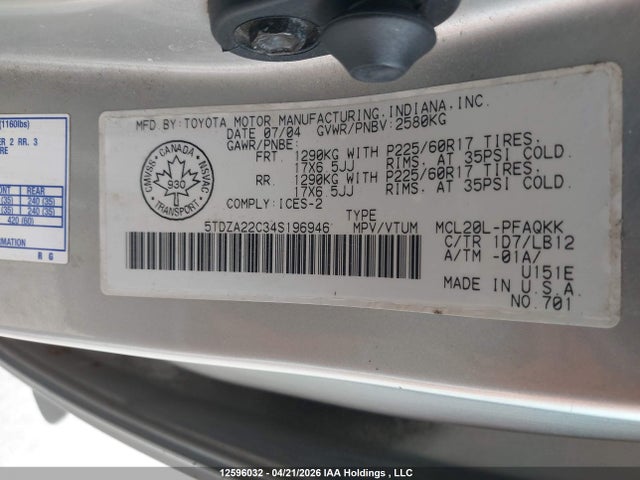 2004 Toyota Sienna მანქანა იყიდება აუქციონზე, vin: 5TDZA22C34S196946, აუქციონის ნომერი: 12596032