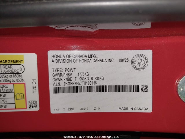 Продажа на аукционе авто 2026 Honda Civic Sport, vin: 2HGFE2F57TH103136, номер лота: 12596038