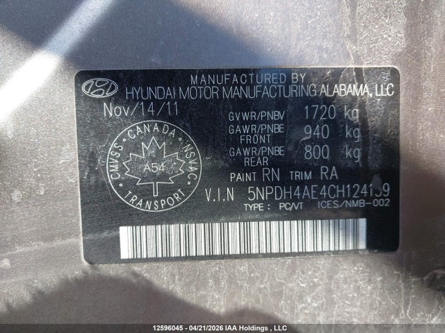 Продаж на аукціоні авто 2012 Hyundai Elantra Gls/limited, vin: 5NPDH4AE4CH124159, номер лоту: 12596045