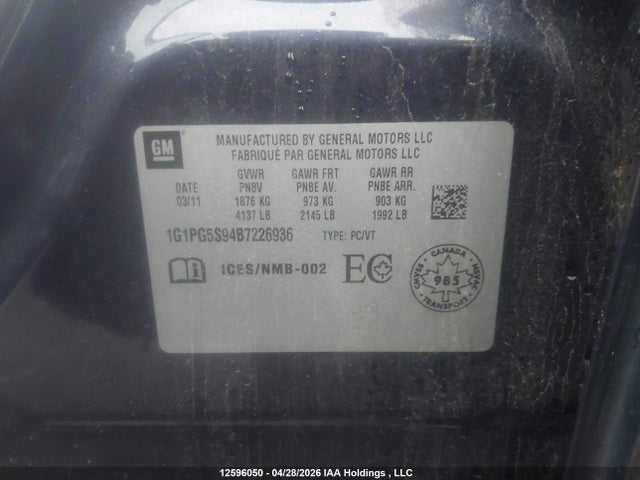 12596050 :رقم المزاد ، 1G1PG5S94B7226936 vin ، 2011 Chevrolet Cruze Lt Turbo مزاد بيع