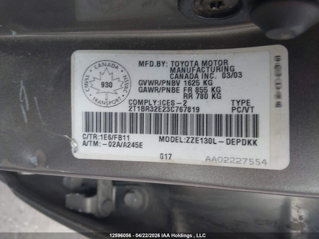12596056 :رقم المزاد ، 2T1BR32E23C767819 vin ، 2003 Toyota Corolla Ce/le/s مزاد بيع