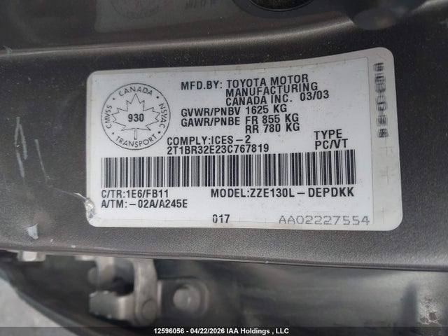12596056 :رقم المزاد ، 2T1BR32E23C767819 vin ، 2003 Toyota Corolla Ce/le/s مزاد بيع