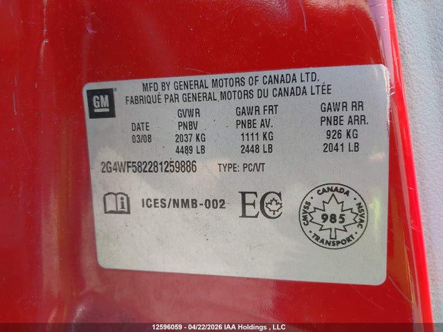12596059 :رقم المزاد ، 2G4WF582281259886 vin ، 2008 Buick Allure Cx مزاد بيع
