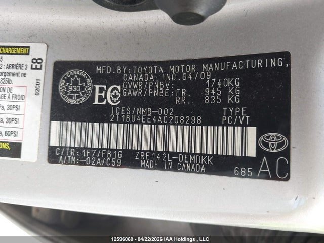 2010 Toyota Corolla მანქანა იყიდება აუქციონზე, vin: 2T1BU4EE4AC208298, აუქციონის ნომერი: 12596060