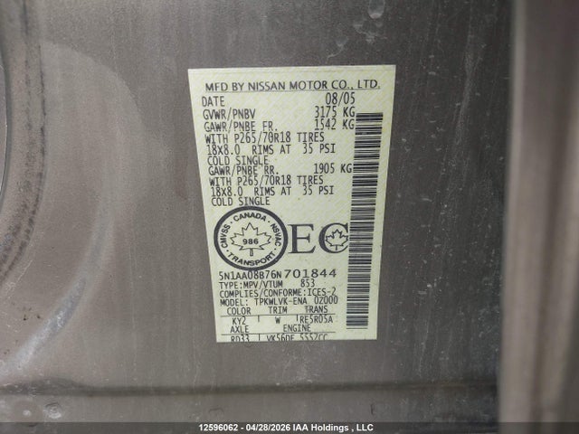 Продаж на аукціоні авто 2006 Nissan Armada Se/le, vin: 5N1AA08B76N701844, номер лоту: 12596062