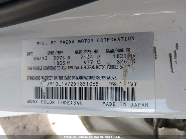 Aukcja sprzedaży 2013 Mazda Mazda3 Gs-sky, vin: JM1BL1V72D1851065, numer aukcji: 12596064