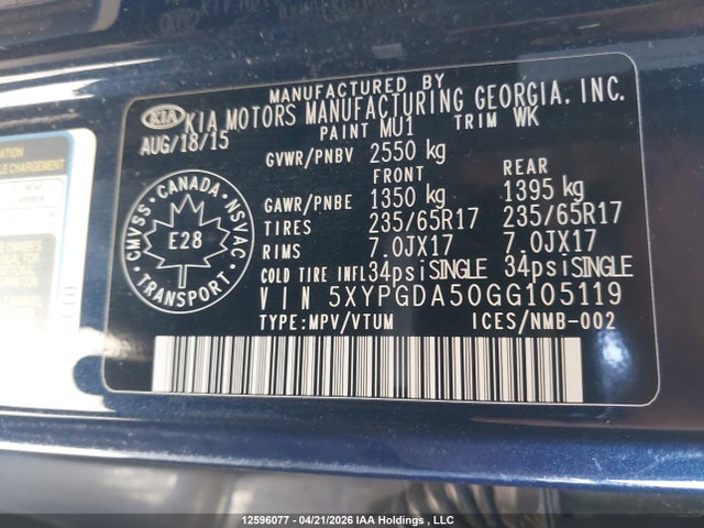 Продаж на аукціоні авто 2016 Kia Sorento 3.3l Lx +, vin: 5XYPGDA50GG105119, номер лоту: 12596077