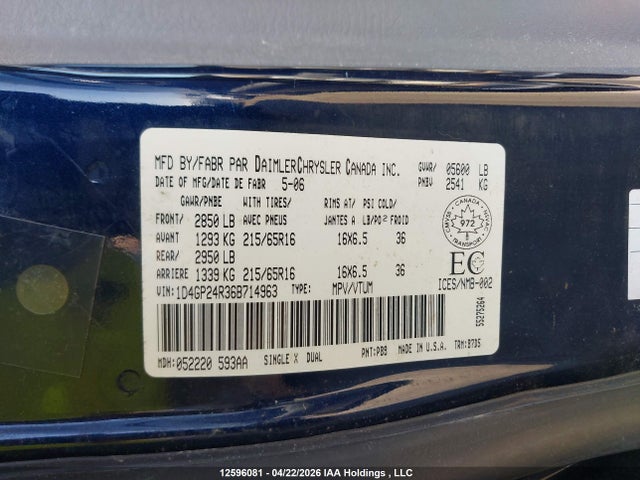 Продажа на аукционе авто 2006 Dodge Grand Caravan Se, vin: 1D4GP24R36B714963, номер лота: 12596081