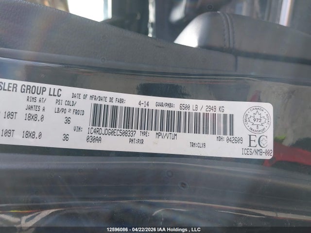 12596086 :رقم المزاد ، 1C4RDJDG0EC508337 vin ، 2014 Dodge Durango Limited مزاد بيع