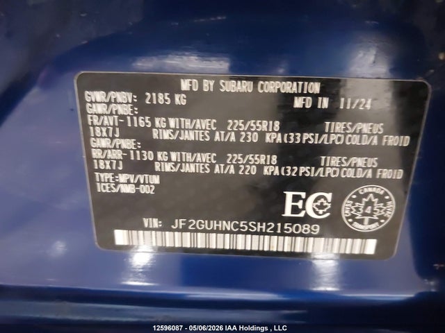 Aukcja sprzedaży 2025 Subaru Crosstrek Limited, vin: JF2GUHNC5SH215089, numer aukcji: 12596087