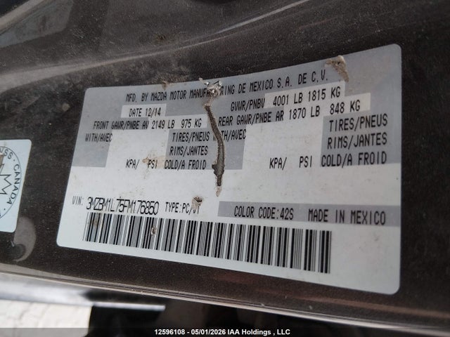 3MZBM1L75FM176850 Mazda Mazda3 Gs
