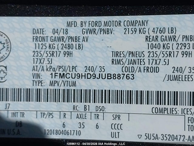 1FMCU9HD9JUB88763 Ford ESCAPE SEL