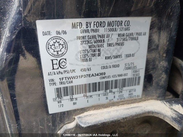 Продажа на аукционе авто 2007 Ford F350 Srw Super Duty, vin: 1FTWW31P37EA34369, номер лота: 12596116