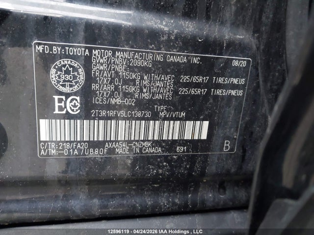 2020 Toyota Rav4 Xle მანქანა იყიდება აუქციონზე, vin: 2T3R1RFV5LC138730, აუქციონის ნომერი: 12596119