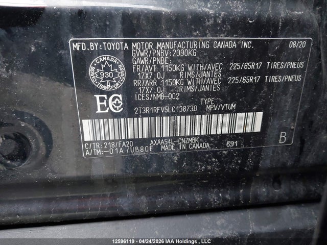 2020 Toyota Rav4 Xle მანქანა იყიდება აუქციონზე, vin: 2T3R1RFV5LC138730, აუქციონის ნომერი: 12596119