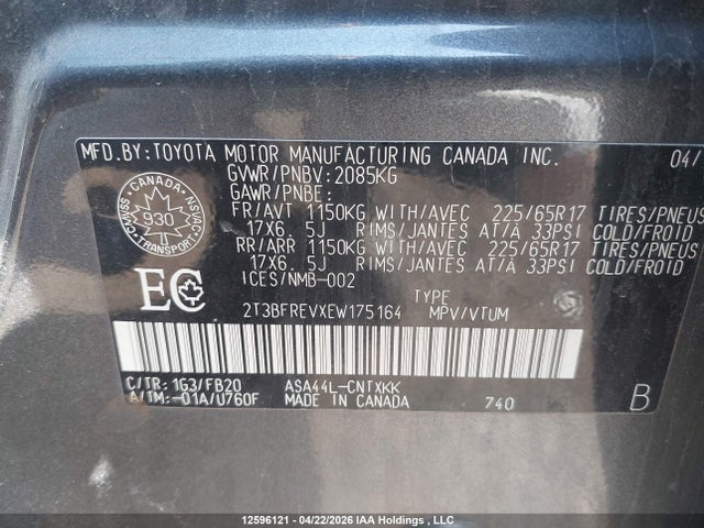 12596121 :رقم المزاد ، 2T3BFREVXEW175164 vin ، 2014 Toyota Rav4 Le مزاد بيع