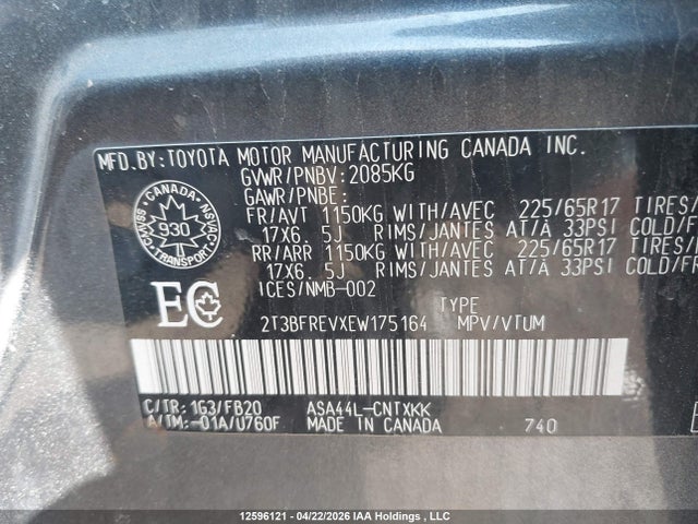 12596121 :رقم المزاد ، 2T3BFREVXEW175164 vin ، 2014 Toyota Rav4 Le مزاد بيع