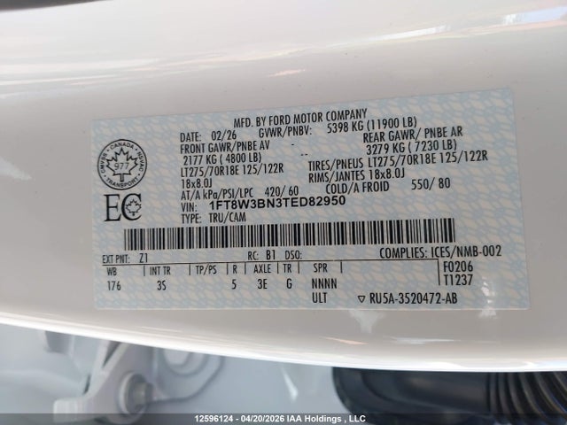 Продаж на аукціоні авто 2026 Ford F350 Super Duty, vin: 1FT8W3BN3TED82950, номер лоту: 12596124