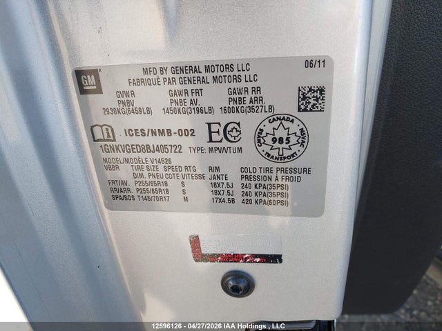 Aukcja sprzedaży 2011 Chevrolet Traverse 1lt, vin: 1GNKVGED8BJ405722, numer aukcji: 12596126