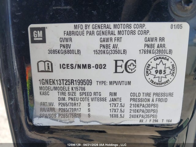 Aukcja sprzedaży 2005 Chevrolet Tahoe K1500, vin: 1GNEK13T25R199509, numer aukcji: 12596129