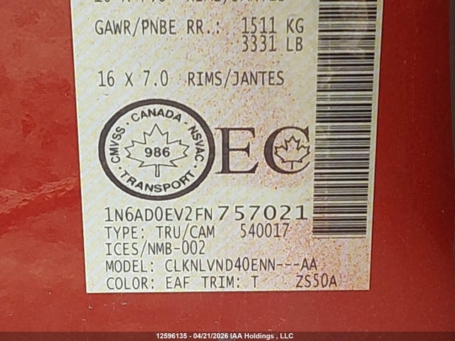 1N6AD0EV2FN757021 Nissan Frontier S/sv/sl/pro-4x