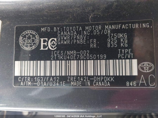 2009 Toyota Matrix მანქანა იყიდება აუქციონზე, vin: 2T1KU40E79C050199, აუქციონის ნომერი: 12588165