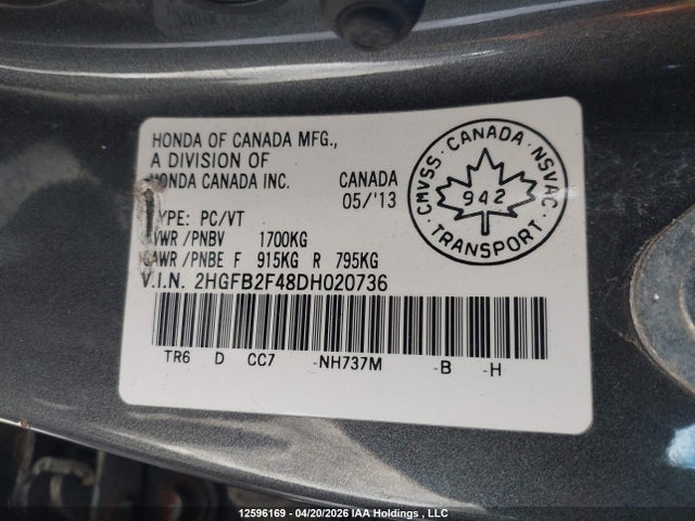Aukcja sprzedaży 2013 Honda Civic Lx, vin: 2HGFB2F48DH020736, numer aukcji: 12596169
