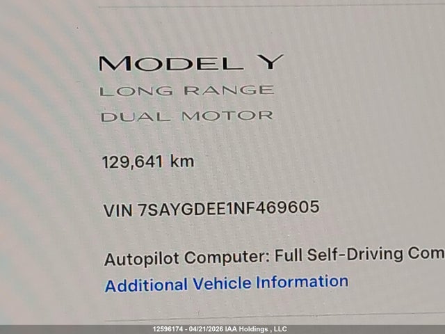 Продажа на аукционе авто 2022 Tesla Model Y, vin: 7SAYGDEE1NF469605, номер лота: 12596174