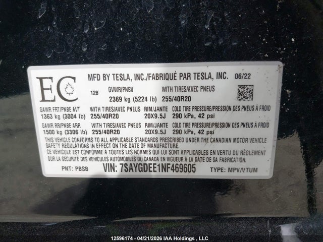 Продажа на аукционе авто 2022 Tesla Model Y, vin: 7SAYGDEE1NF469605, номер лота: 12596174