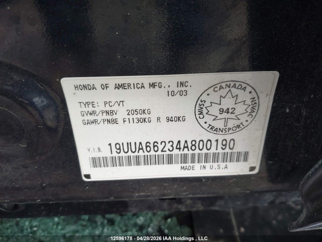 Aukcja sprzedaży 2004 Acura Tl, vin: 19UUA66234A800190, numer aukcji: 12596178