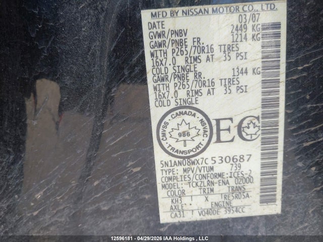 12596181 :رقم المزاد ، 5N1AN08WX7C530687 vin ، 2007 Nissan Xterra Se مزاد بيع