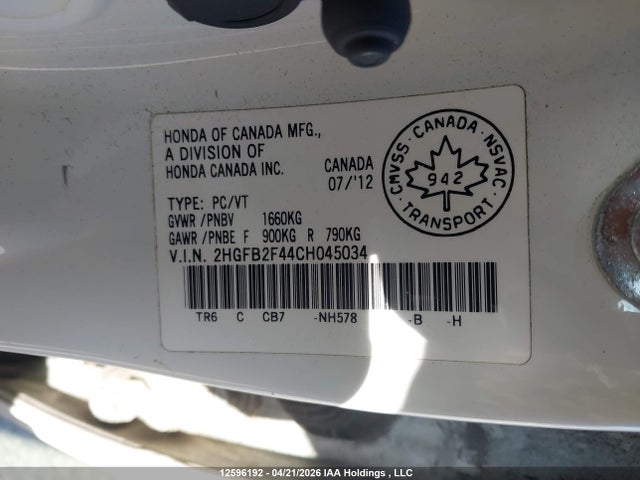 Aukcja sprzedaży 2012 Honda Civic, vin: 2HGFB2F44CH045034, numer aukcji: 12596192