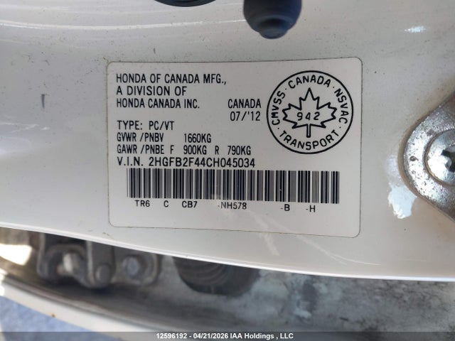 Aukcja sprzedaży 2012 Honda Civic, vin: 2HGFB2F44CH045034, numer aukcji: 12596192