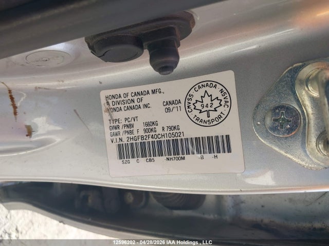 Продажа на аукционе авто 2012 Honda Civic, vin: 2HGFB2F40CH105021, номер лота: 12596202