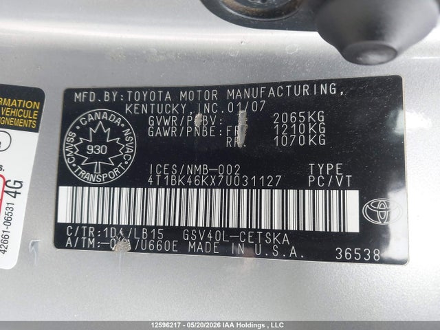 Aukcja sprzedaży 2007 Toyota Camry Le V6/se V6/xle V6, vin: 4T1BK46KX7U031127, numer aukcji: 12596217