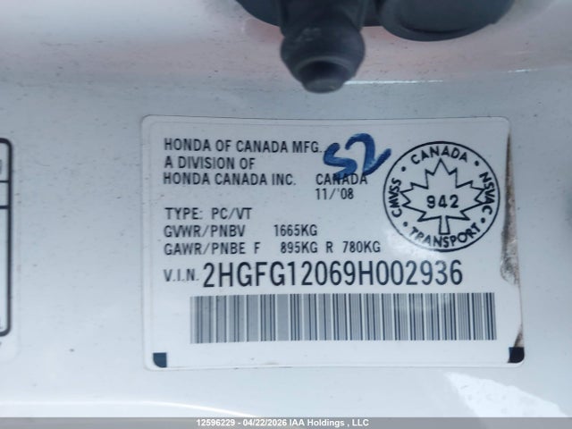 Aukcja sprzedaży 2009 Honda Civic Ex-l, vin: 2HGFG12069H002936, numer aukcji: 12596229