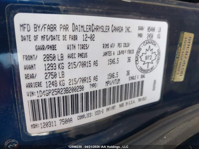 Aukcja sprzedaży 2003 Dodge Caravan Se, vin: 1D4GP25R23B200290, numer aukcji: 12596230