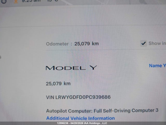 12596236 :رقم المزاد ، LRWYGDFD0PC939686 vin ، 2023 Tesla Model Y Rwd مزاد بيع