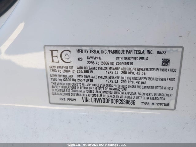 12596236 :رقم المزاد ، LRWYGDFD0PC939686 vin ، 2023 Tesla Model Y Rwd مزاد بيع