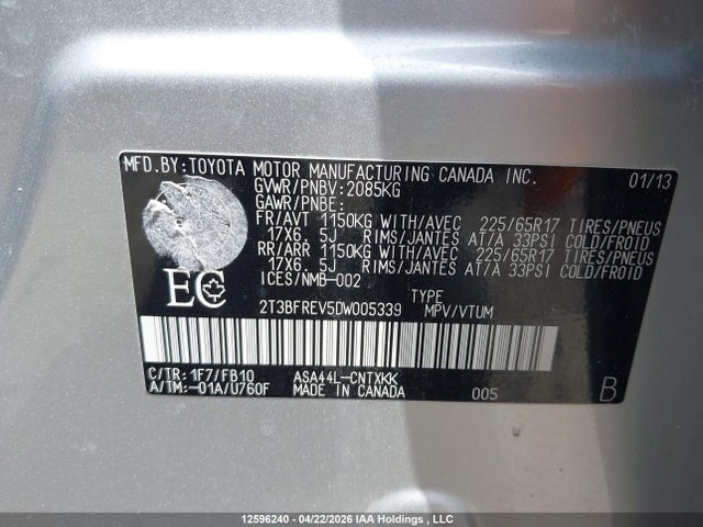 12596240 :رقم المزاد ، 2T3BFREV5DW005339 vin ، 2013 Toyota Rav4 Le مزاد بيع