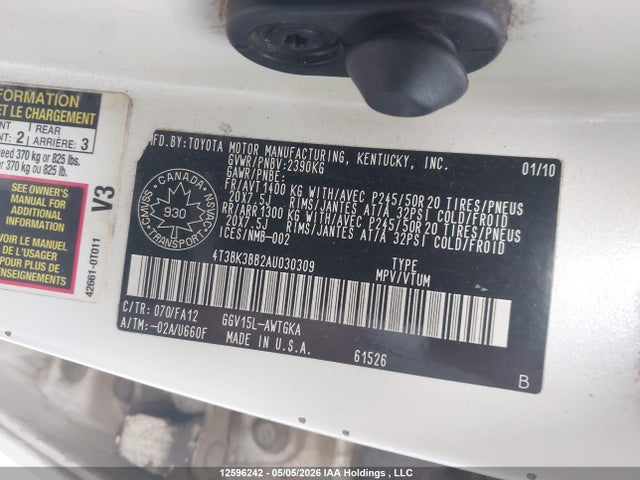 12596242 :رقم المزاد ، 4T3BK3BB2AU030309 vin ، 2010 Toyota Venza مزاد بيع