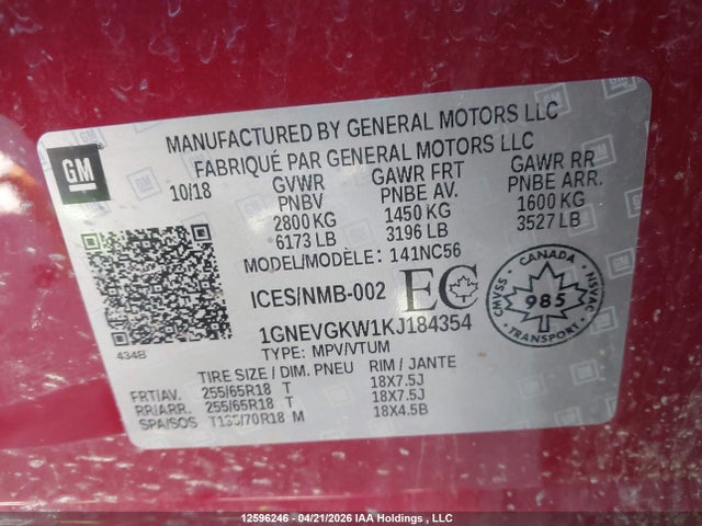 1GNEVGKW1KJ184354 Chevrolet Traverse Lt
