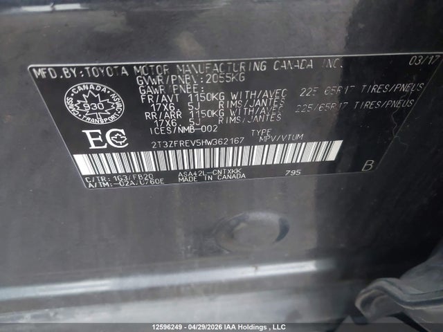 12596249 :رقم المزاد ، 2T3ZFREV5HW362167 vin ، 2017 Toyota Rav4 مزاد بيع