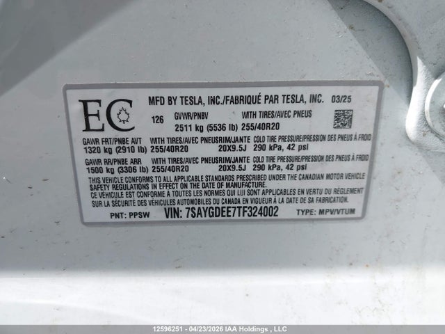 12596251 :رقم المزاد ، 7SAYGDEE7TF324002 vin ، 2026 Tesla Model Y Long Range Launch Series/premium All-wheel Drive مزاد بيع