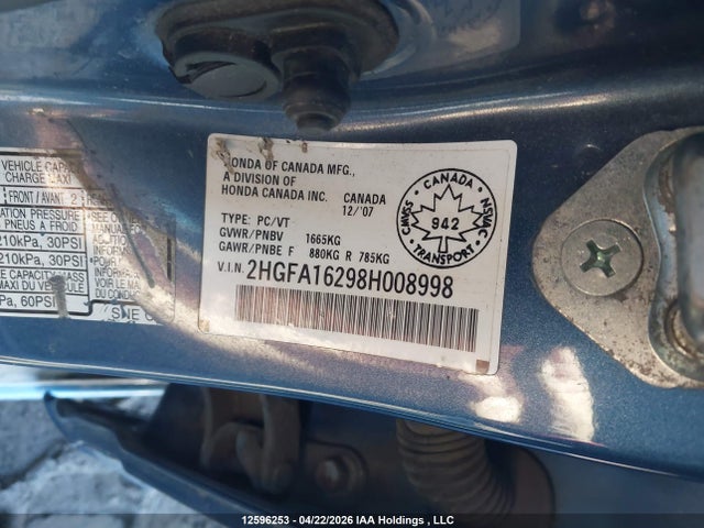 Продажа на аукционе авто 2008 Honda Civic Dx/dx-a, vin: 2HGFA16298H008998, номер лота: 12596253