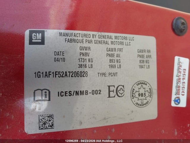 Aukcja sprzedaży 2010 Chevrolet Cobalt Lt, vin: 1G1AF1F52A7206028, numer aukcji: 12596259