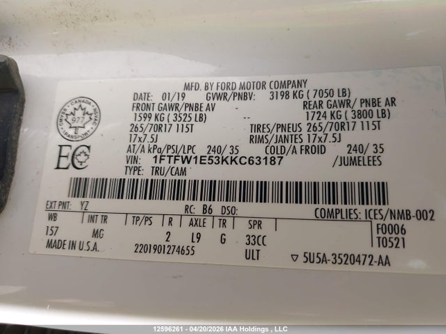 Продажа на аукционе авто 2019 Ford F150 Supercrew, vin: 1FTFW1E53KKC63187, номер лота: 12596261