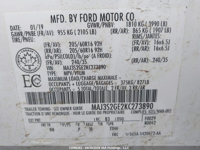 MAJ3S2GE2KC273890 Ford Ecosport Se