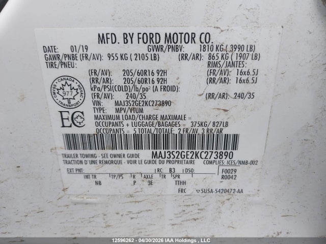 MAJ3S2GE2KC273890 Ford Ecosport Se